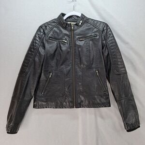 Maralyn & Me Womens M Moto Jacket Zip Up Faux Leather Pockets Stretch Cuff Lined